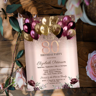 Invitación Luces, Globos Brillantes de Color Burdeos Cumpleañ