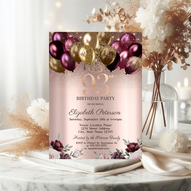 Invitación Luces, globos Purpurinas de Borgoña 93 cumpleaños (Subido por el creador)