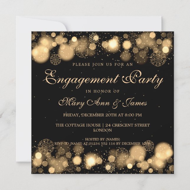 Invitación Luces Gold de la fiesta de compromiso de boda de i (Anverso)