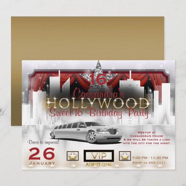 Invitación Luces Gold White & Red City Luminosas Limo Hollywo (Anverso / Reverso)