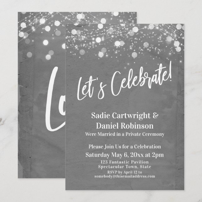 Invitación Luces Grunge Celebremos Recepción Gris (Anverso / Reverso)