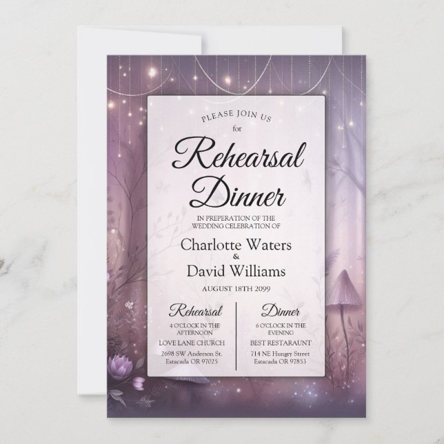 Invitación Luces Mágicas de Hadas de Lavanda para Cena de Ens (Anverso)