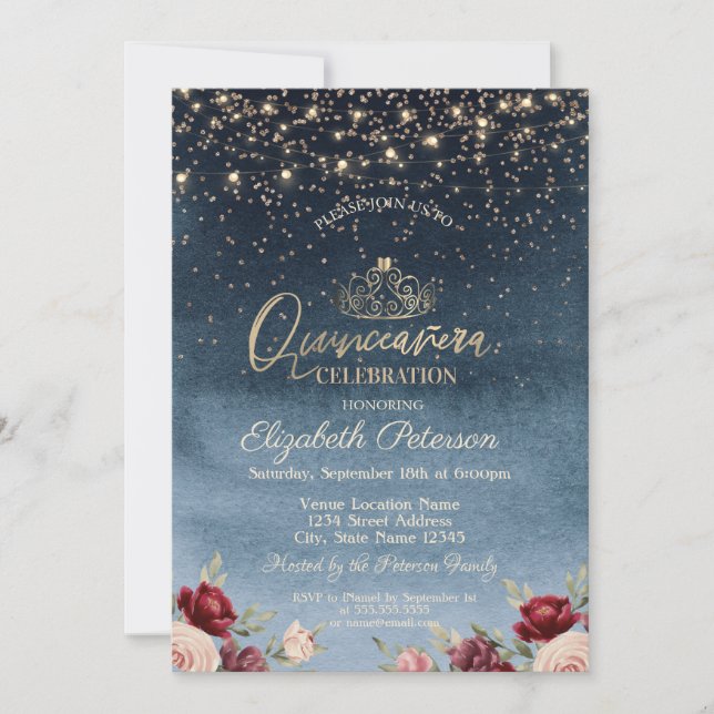 Invitación Luces, Marina de Flores de Borgoña Azul Quinceañer (Anverso)