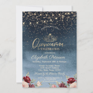 Invitación Luces, Marina de Flores de Borgoña Azul Quinceañer