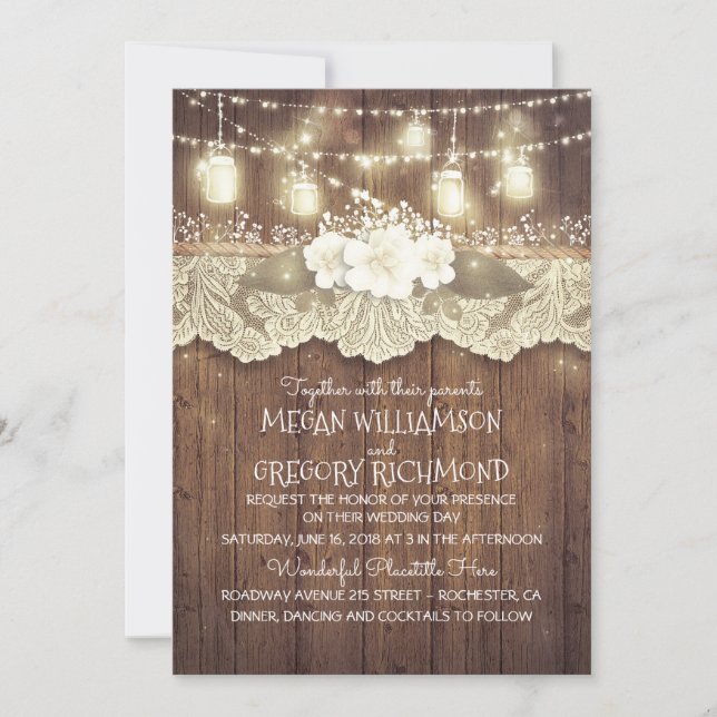 Invitación Luces Mason Jars Lace Rustic Country Moda Boda (Anverso)