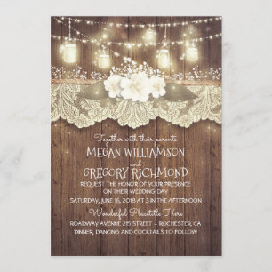 Invitación Luces Mason Jars Lace Rustic Country Moda Boda
