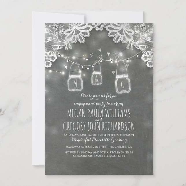 Invitación Luces Mason Jars Lace Rustic Engagement Party (Anverso)