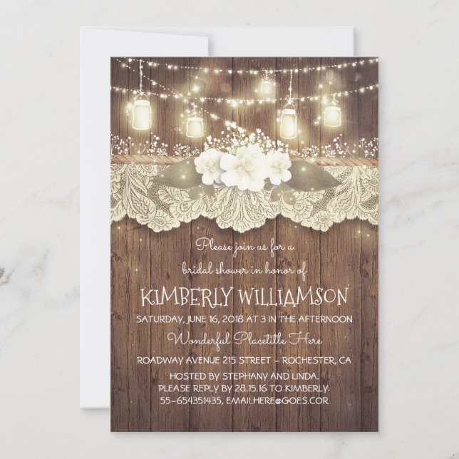 Invitación Luces Mason Jars Lace Wood Rustic Bridal Shower (Anverso)