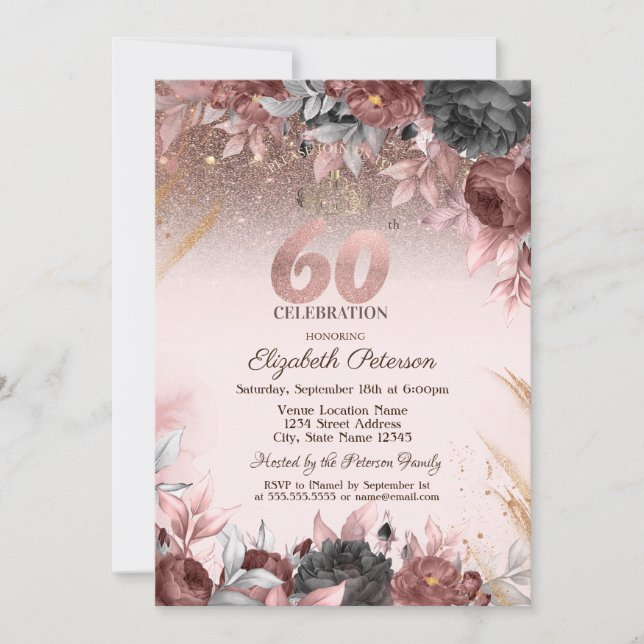 Invitación Luces, Moda Flores Purpurina 60 cumpleaños (Anverso)