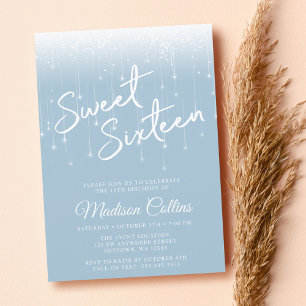 Invitación Luces Modernas Dulce 16 Azul Polvoriento Blanco