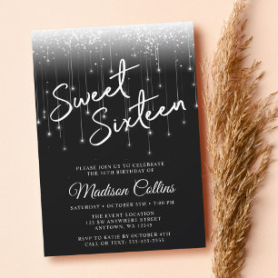 Invitación Luces Modernas Dulces 16 Negro y Blanco