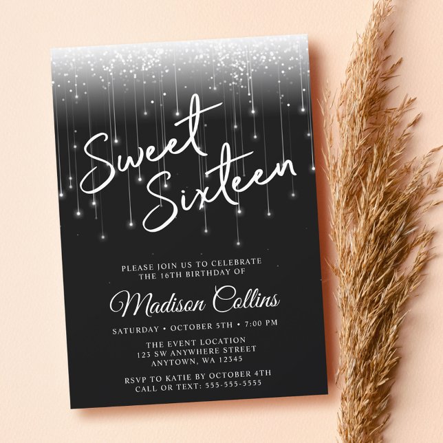 Invitación Luces Modernas Dulces 16 Negro y Blanco (Subido por el creador)
