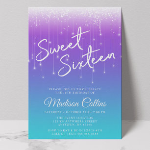 Invitación Luces Modernas Morado Turquesa Sweet 16