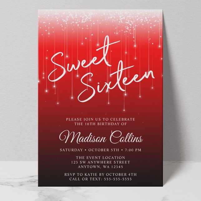 Invitación Luces modernas Red Black Sweet 16 (Subido por el creador)