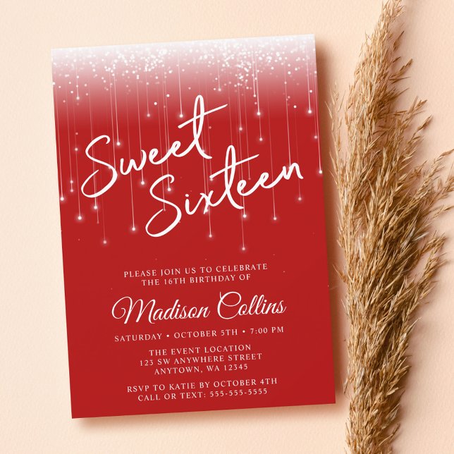 Invitación Luces modernas Red Sweet 16 (Subido por el creador)