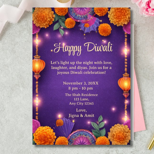 Invitación Luces moradas felices Diwali navideñas (Subido por el creador)