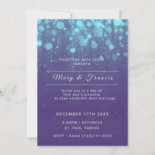 Invitación Luces moradas y azules y Boda Purpurina (Anverso)