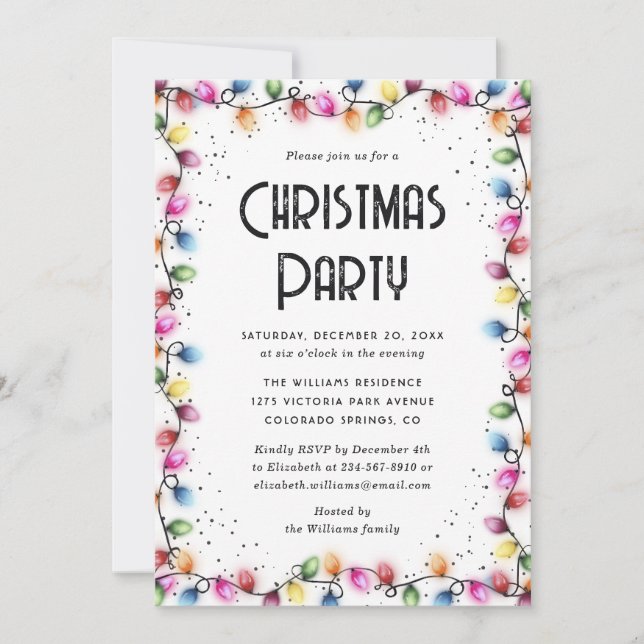 Invitación Luces Multicolores Nieve Fiesta de Navidad (Anverso)