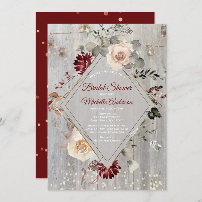 Invitación Luces navideñas ducha de novia floral Mason Jar (Anverso / Reverso)