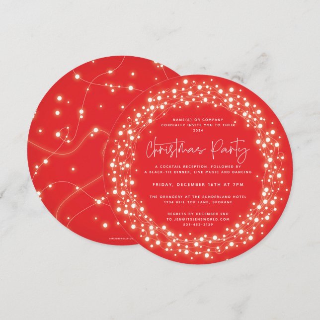 Invitación Luces Navideñas Rojas Redondas Brillantes Fiesta d (Anverso / Reverso)