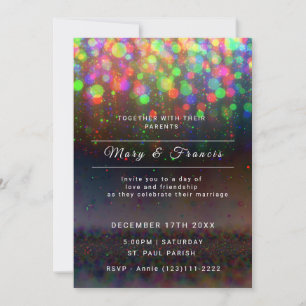 Invitación Luces negras y arcoiris y Boda Purpurina