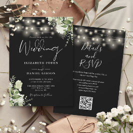 Invitación Luces Negras y Blancas Código QR Floral Boda