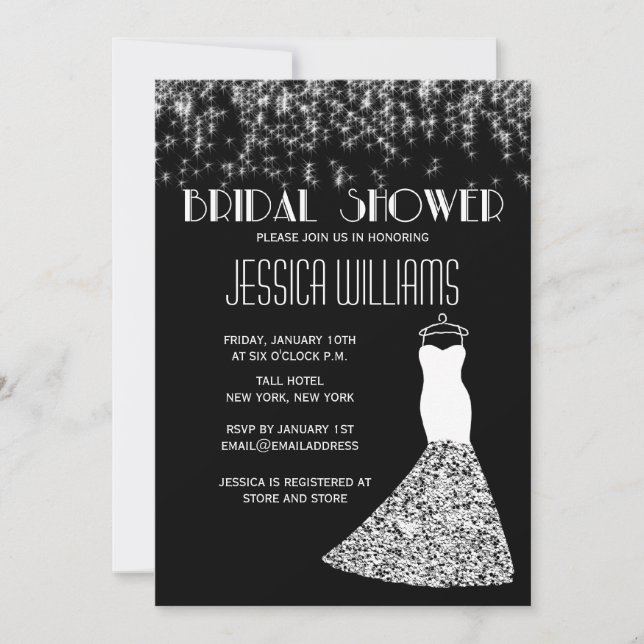 Invitación Luces Negras Y Blancas Glamorosa Ducha Bridal (Anverso)