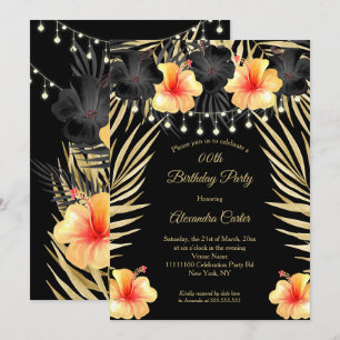 Invitación Luces Negro Amarillo Dorado Hibisco Fiesta Tropica