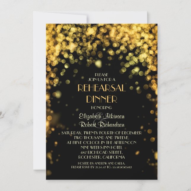 Invitación luces nocturnas cena de ensayo moderno negro (Anverso)