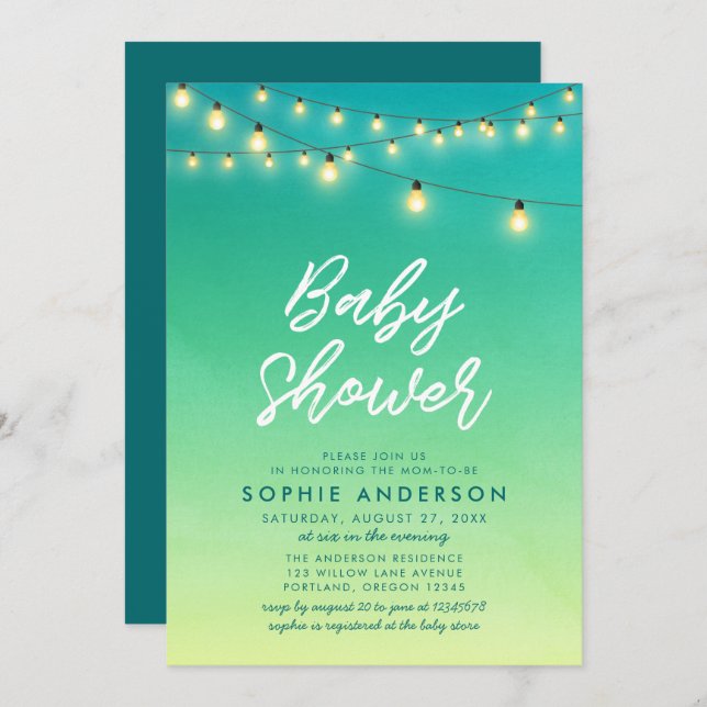 Invitación Luces para Baby Shower Vidrio de Mar Acuarela (Anverso / Reverso)
