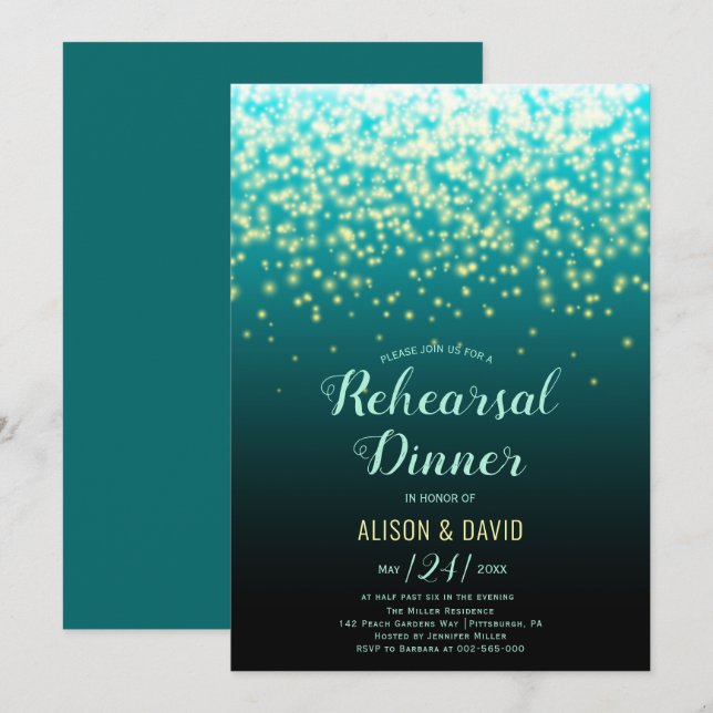 Invitación Luces parpadeantes verde azuladas boda de la cena (Anverso / Reverso)