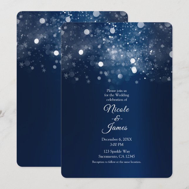 Invitación Luces Plateadas Brillantes de Boda de Invierno Azu (Anverso / Reverso)