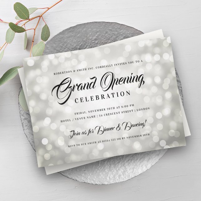 Invitación Luces plateadas de gran apertura formales corporat (Formal Corporate Grand Opening Silver Lights Invitation)