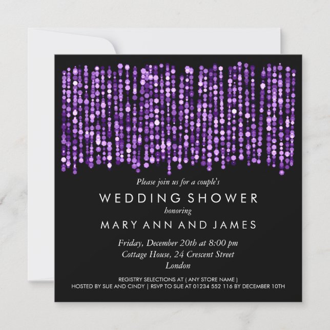 Invitación Luces púrpura modernas de la ducha matrimonial de  (Anverso)