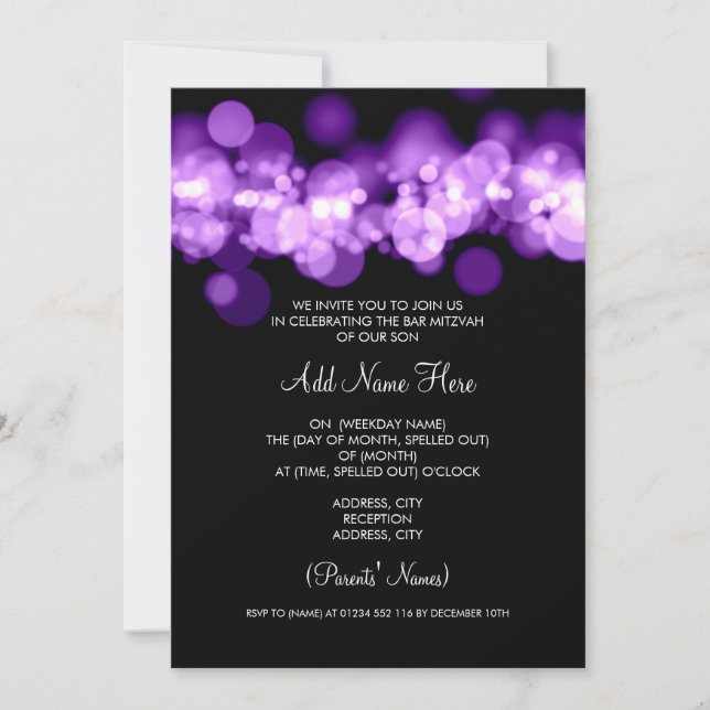 Invitación Luces púrpuras de Mitzvah Bokeh de la barra (Anverso)