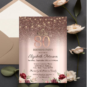 Invitación Luces, Purpurina Burdeos, Rosa Dorado Cumpleaños 8