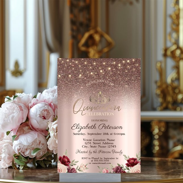 Invitación Luces, Purpurina de Borgoña, Rosa de oro Quinceañe (Subido por el creador)