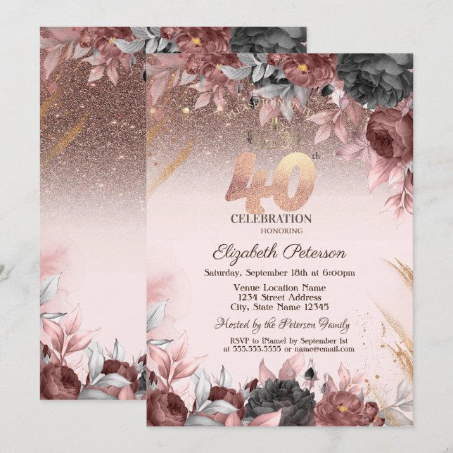 Invitación Luces, Purpurina de flores de Moda 40 cumpleaños (Anverso / Reverso)