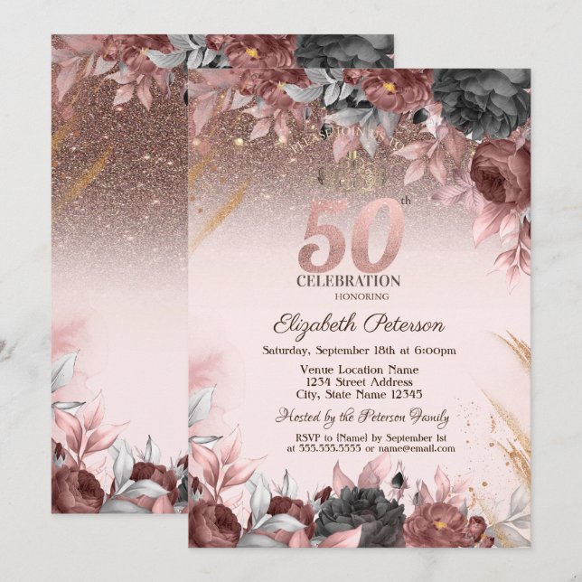 Invitación Luces, Purpurina de flores de Moda 50 cumpleaños (Anverso / Reverso)