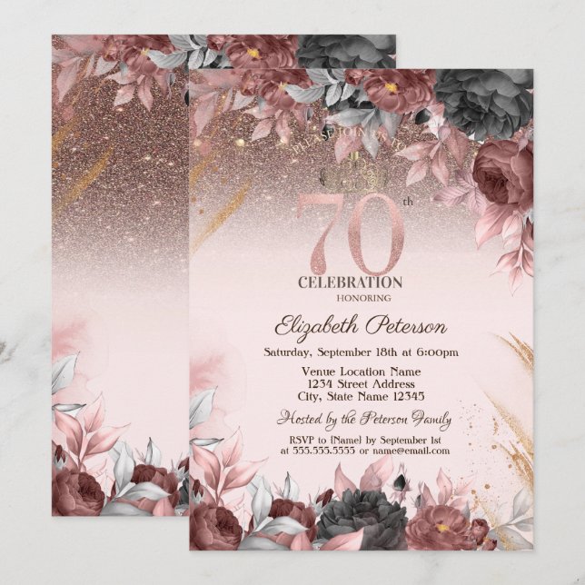 Invitación Luces, Purpurina de flores de Moda 70 cumpleaños (Anverso / Reverso)