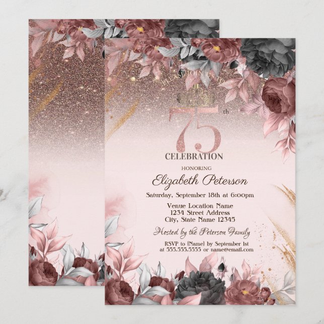 Invitación Luces, Purpurina de flores de Moda 75º cumpleaños (Anverso / Reverso)