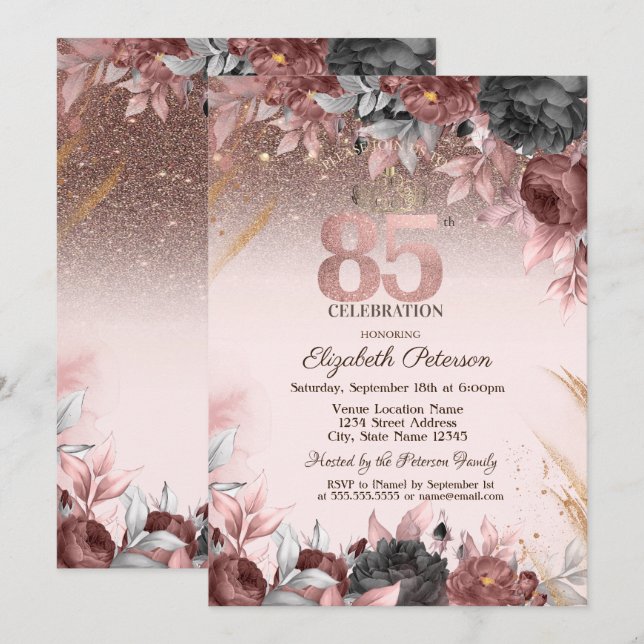 Invitación Luces, Purpurina de flores de Moda 85º cumpleaños (Anverso / Reverso)