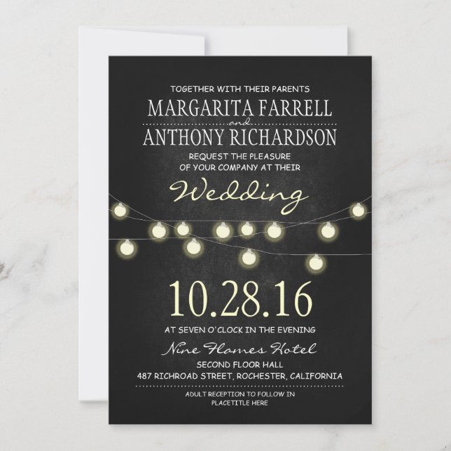 Invitación Luces románticas de cuerda invitan a una boda en p (Anverso)