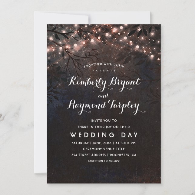 Invitación Luces Rosa de Purpurina dorado | Boda rústica por  (Anverso)