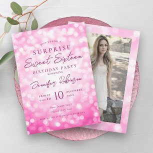 Invitación Luces rosadas calientes Foto SORPRESA Dulce 16
