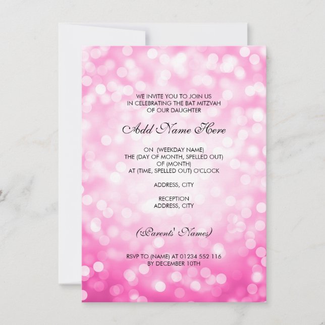 Invitación Luces rosadas de los Purpurinas de Bat Mitzvah (Anverso)
