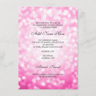 Invitación Luces rosadas de los Purpurinas de Bat Mitzvah