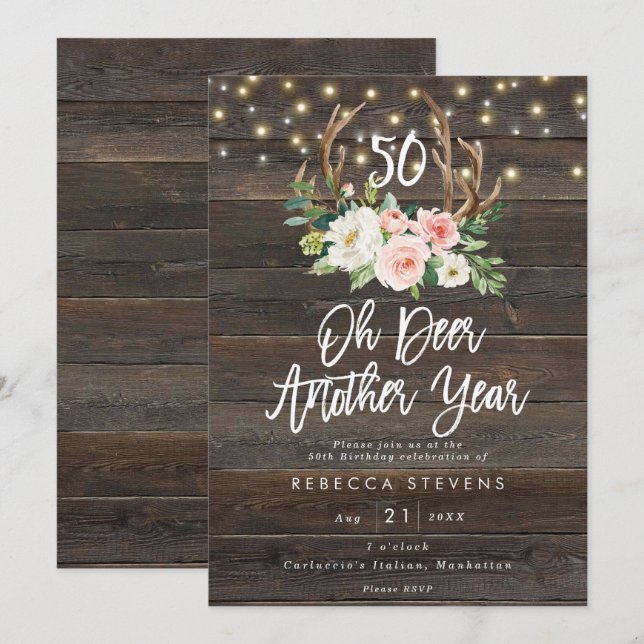 Invitación luces rosadas de madera rústica floral de 50 años (Anverso / Reverso)