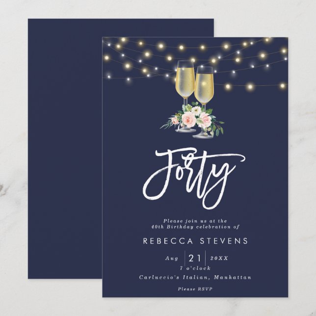 Invitación luces rosadas florales burbujeantes de la marina 4 (Anverso / Reverso)