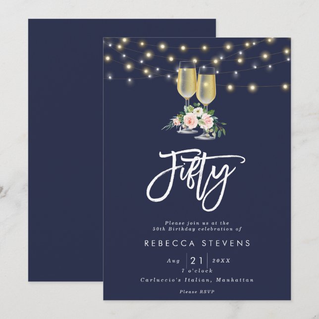 Invitación luces rosadas florales burbujeantes de la marina 5 (Anverso / Reverso)
